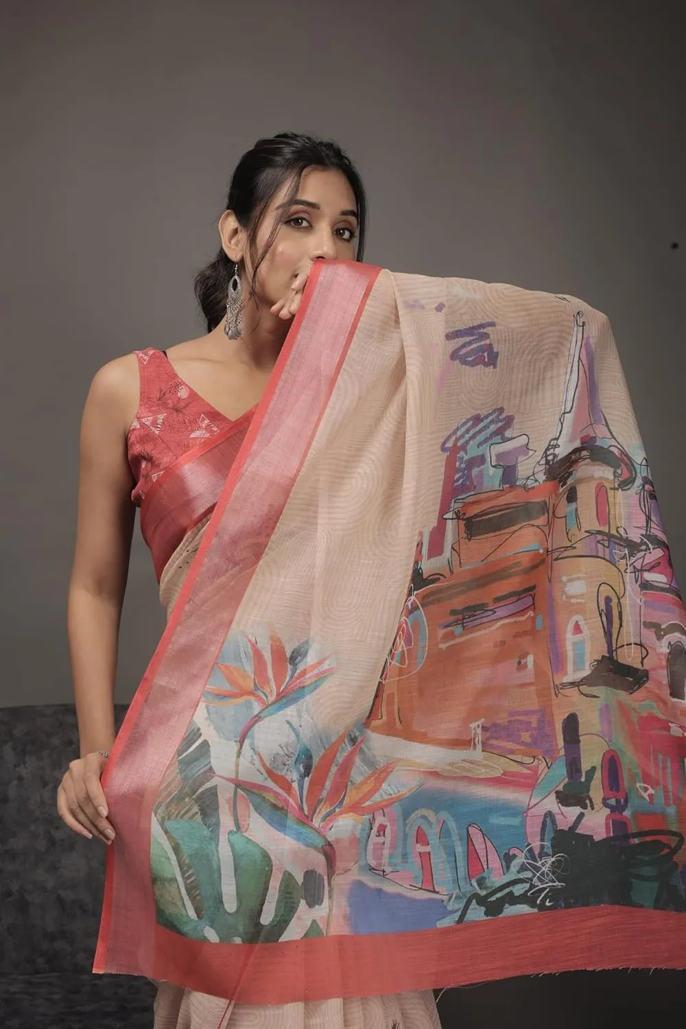 Art Face Prints Handloom Linen Cotton Ready To Wear Saree