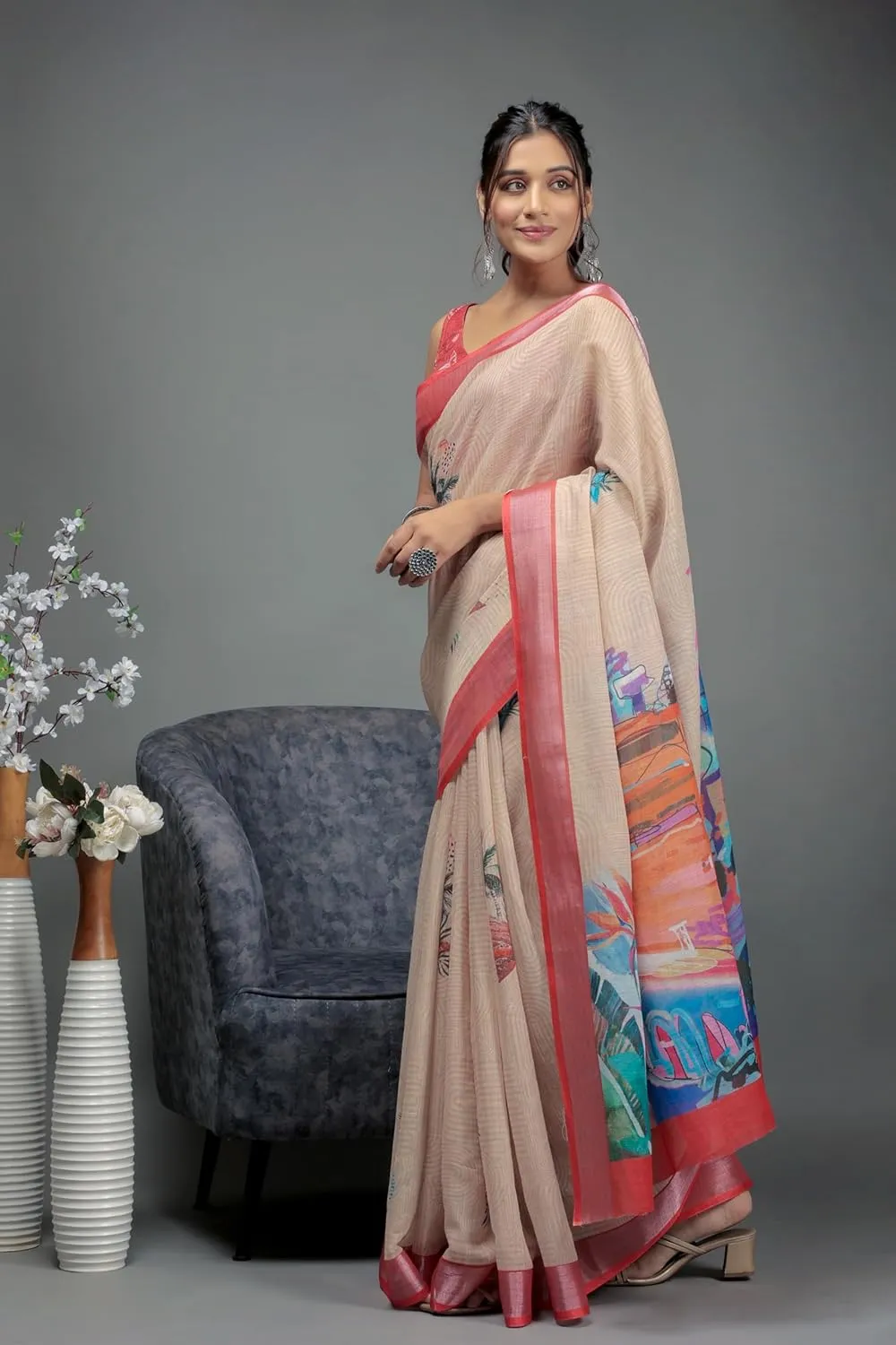 Art Face Prints Handloom Linen Cotton Ready To Wear Saree
