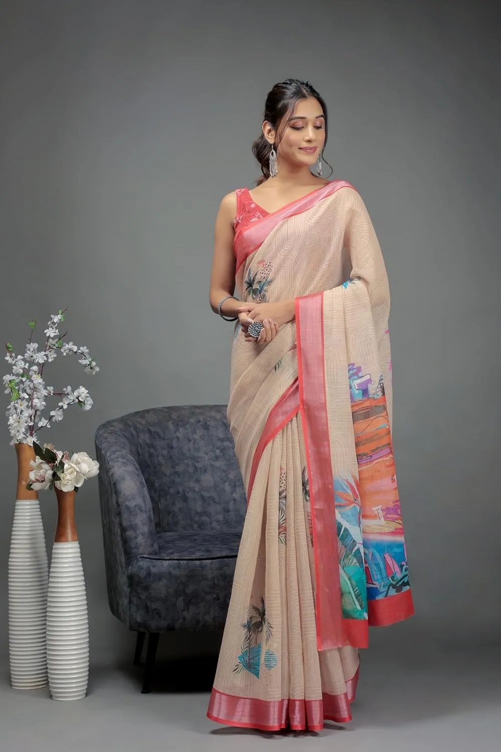 Art Face Prints Handloom Linen Cotton Ready To Wear Saree