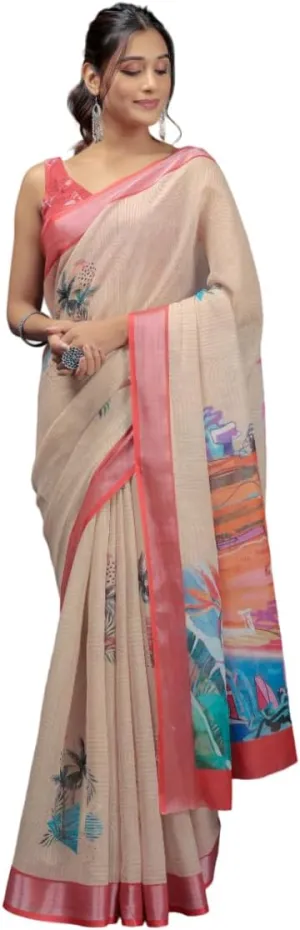 Art Face Prints Handloom Linen Cotton Ready To Wear Saree