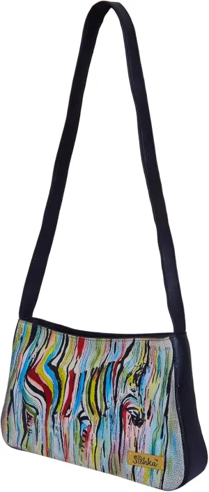 Artistic Hand-Painted Multicolour Zebra Design Leather Shoulder Bag