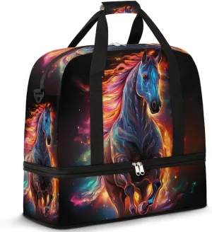 Artistic Painting Horses Travel Duffel Bag for Women Men Weekender Overnight Bag with Shoe Compartment Foldable Sports Gym Luggage Bag