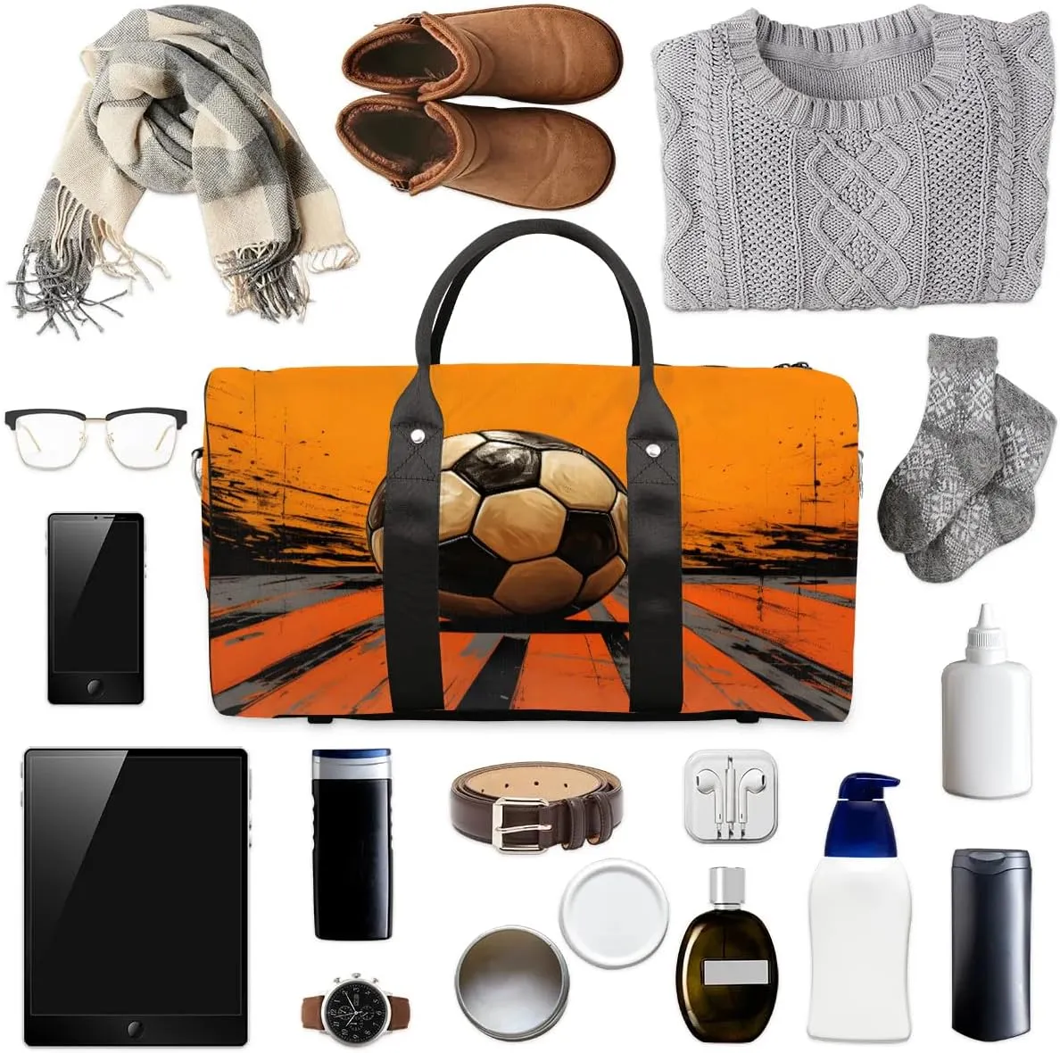 Artistic Soccer Travel Duffel Bag for Women Men Waterproof Foldable Overnight Weekender Bag Large Capacity Sports Gym Bag
