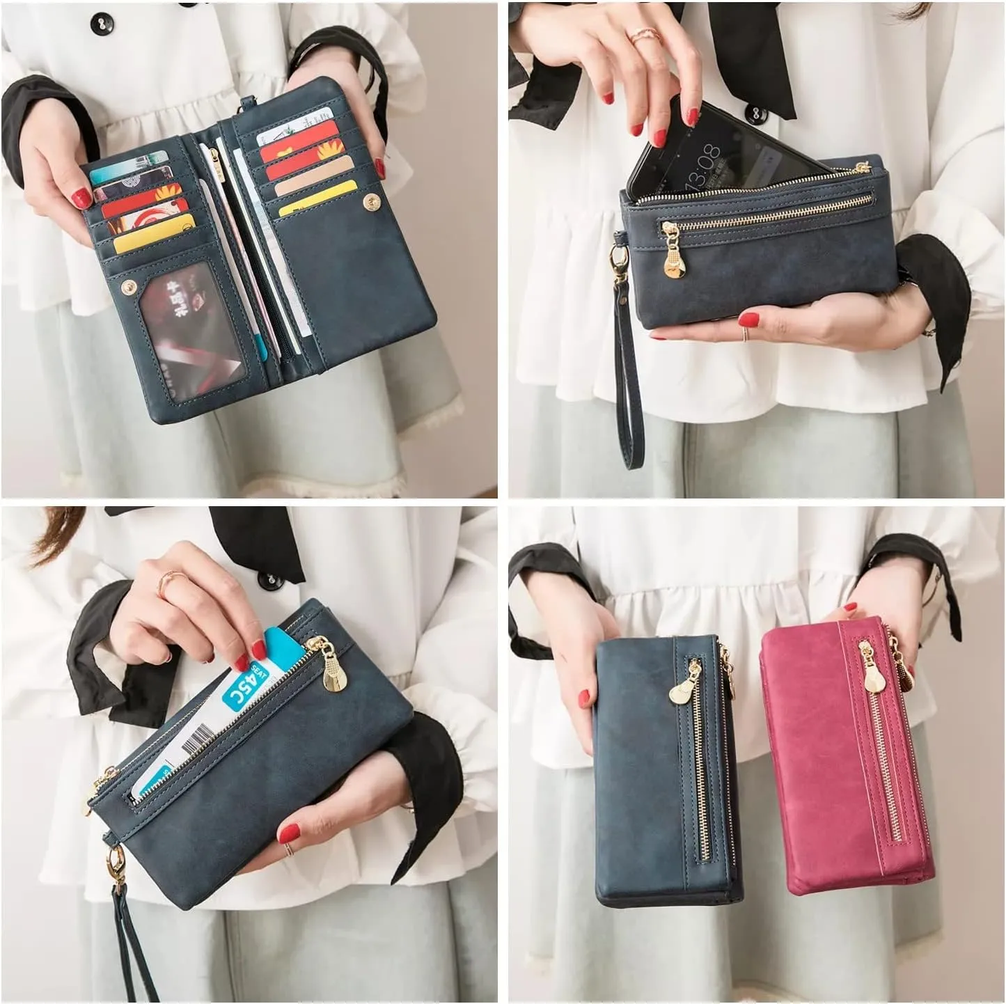 Aslana Soft Leather Long Wallet Wristlet with hand Strap Clutch Bag for Women Card holder Phone Bag (Deep Fuchsia)
