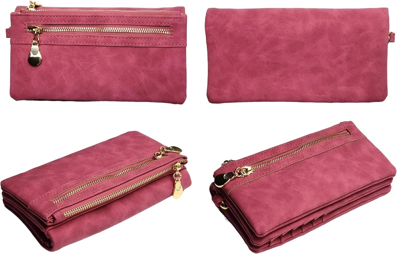 Aslana Soft Leather Long Wallet Wristlet with hand Strap Clutch Bag for Women Card holder Phone Bag (Deep Fuchsia)