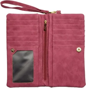 Aslana Soft Leather Long Wallet Wristlet with hand Strap Clutch Bag for Women Card holder Phone Bag (Deep Fuchsia)