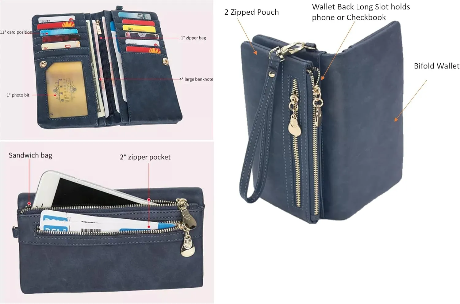 Aslana Soft Leather Long Wallet Wristlet with hand Strap Clutch Bag for Women Card holder Phone Bag (Deep Fuchsia)