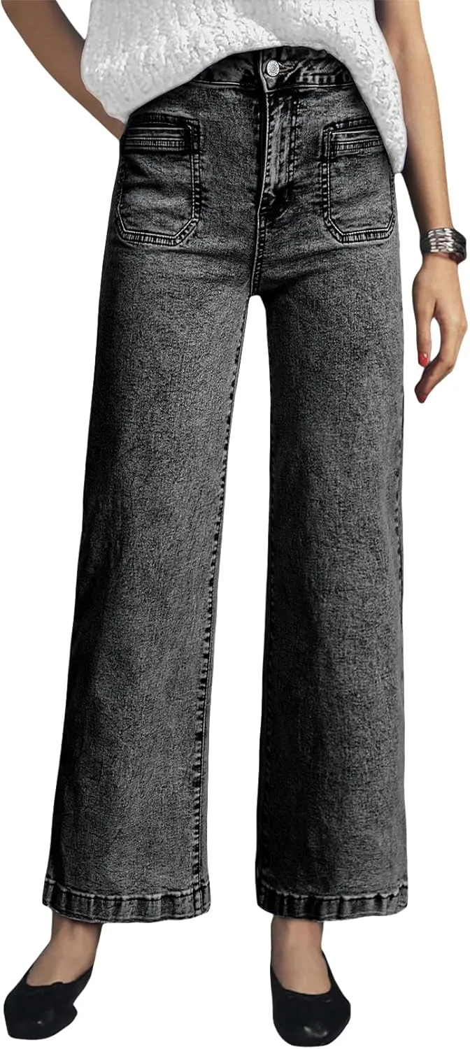 Astylish Womens Jeans Wide Leg High Waisted Stretchy Straight Leg Jeans Trendy Ankle Denim Pants with Patch Pocket