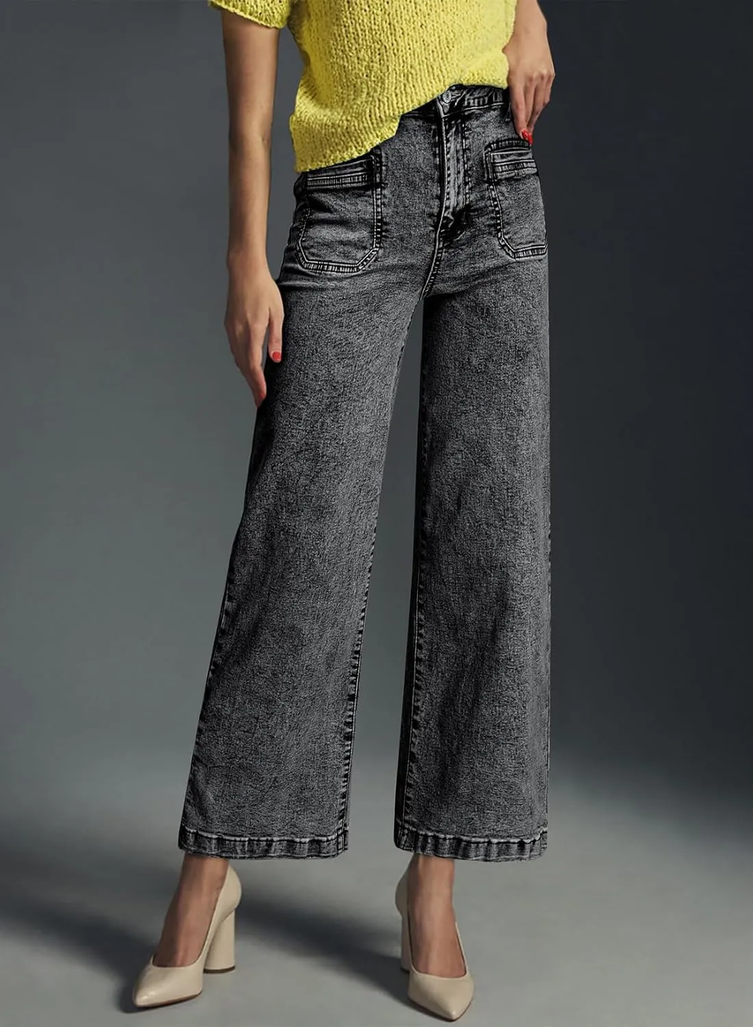 Astylish Womens Jeans Wide Leg High Waisted Stretchy Straight Leg Jeans Trendy Ankle Denim Pants with Patch Pocket