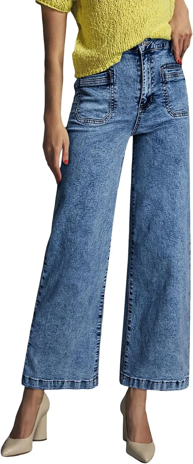 Astylish Womens Jeans Wide Leg High Waisted Stretchy Straight Leg Jeans Trendy Ankle Denim Pants with Patch Pocket