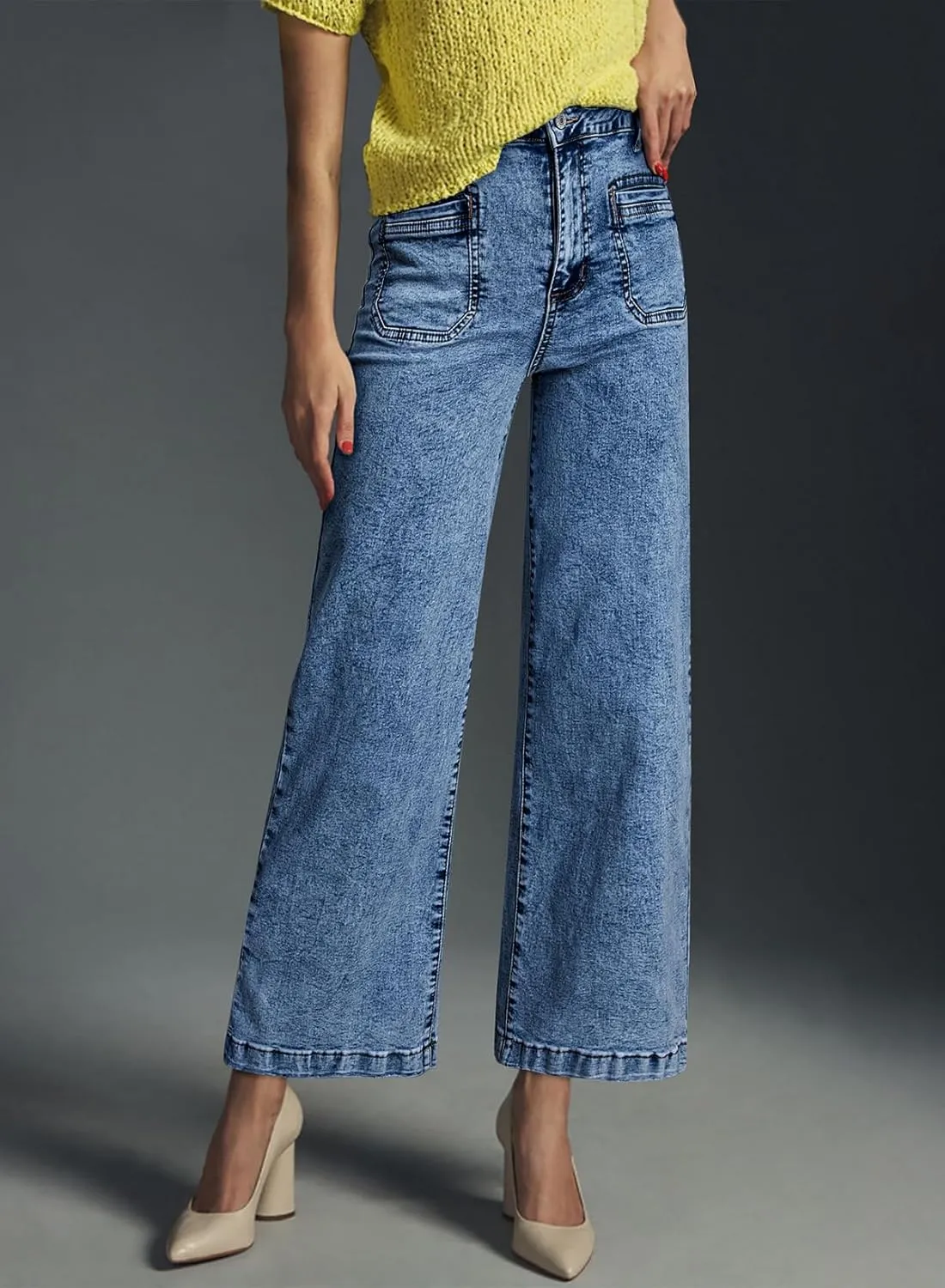 Astylish Womens Jeans Wide Leg High Waisted Stretchy Straight Leg Jeans Trendy Ankle Denim Pants with Patch Pocket