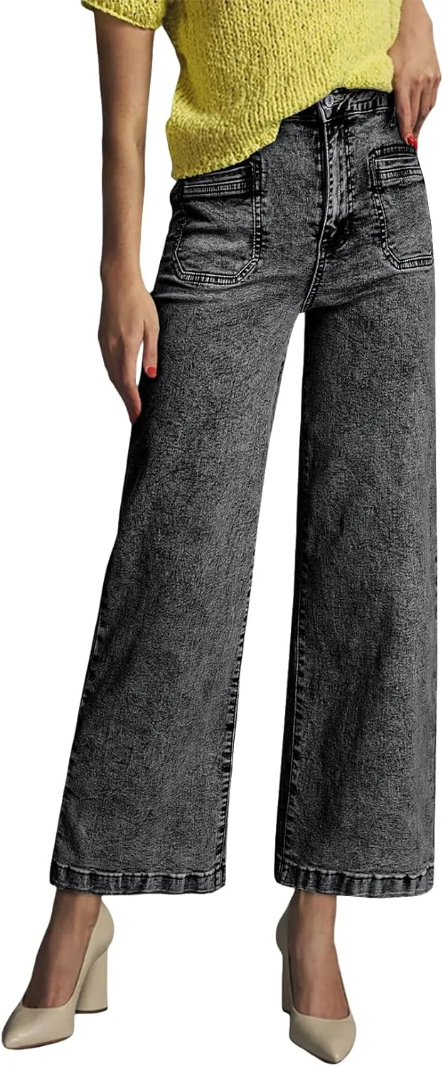 Astylish Womens Jeans Wide Leg High Waisted Stretchy Straight Leg Jeans Trendy Ankle Denim Pants with Patch Pocket