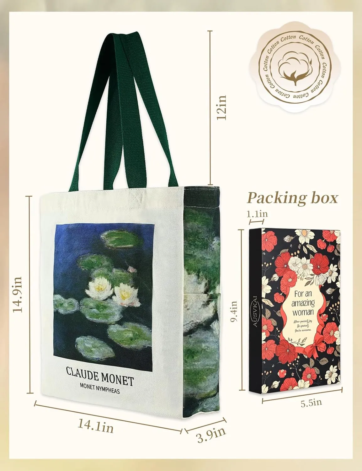 AUSVKAI Cute Canvas Tote Bag for Women, Reusable Designer Bags with Handles Pockets&Snaps for College Beach Everyday Grocery