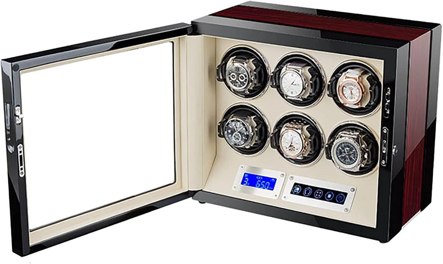 Automatic Watch Winder for 6 Watches, Watches Storage Display Winding Case ​LCD Remote Control, Blue Led Light, Quiet Motor Watch Winder Display Watch Box Case Watch Storage