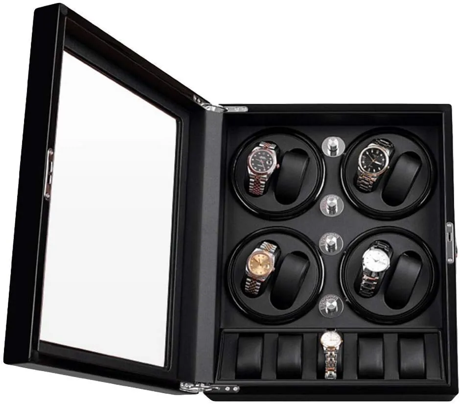 Automatic Watch Winder for 8 Watches Wood Shell Winding case Storage Boxes 5 Modes Rotation and Quiet Motor,Internal PU Leather Watch Winder Storage Display Box (Black_black A)