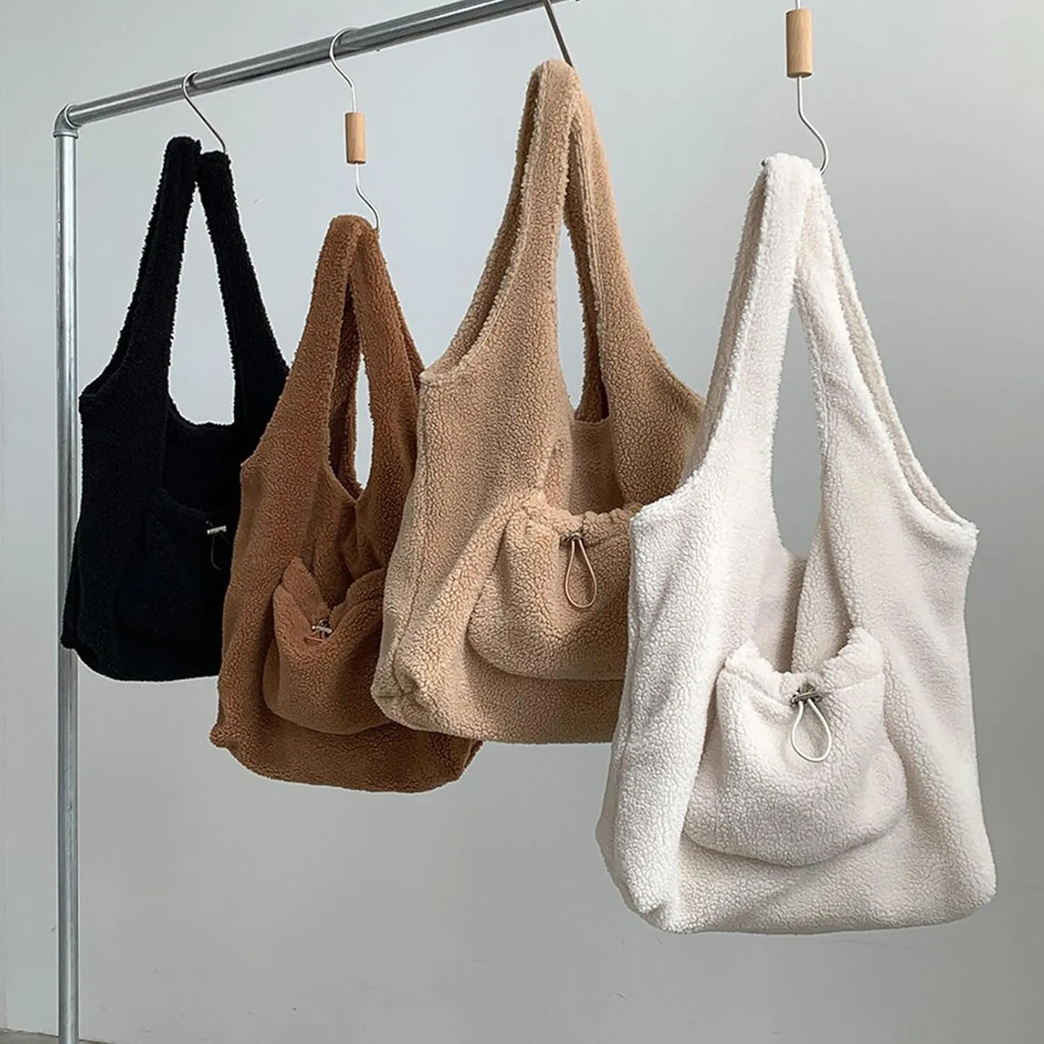 Autumn Winter Casual Furry Faux Lamb Wool Shoulder Bag Large Capacity Luxurious Fleece Plush Handbag Purse for Women