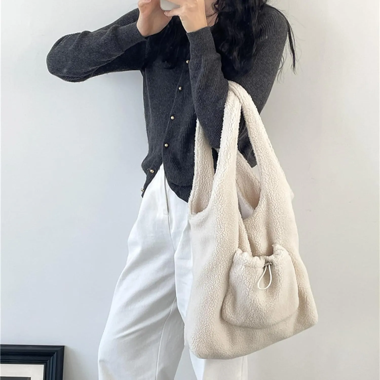 Autumn Winter Casual Furry Faux Lamb Wool Shoulder Bag Large Capacity Luxurious Fleece Plush Handbag Purse for Women