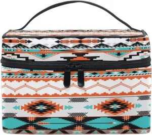 AUUXVA Travel Cosmetic Bag Ethnic Geometric Chevron Aztec Makeup Bag Large Organizer Portable Toiletry Bag Storage Train Case Zipper Brush Bag for Women and Girls