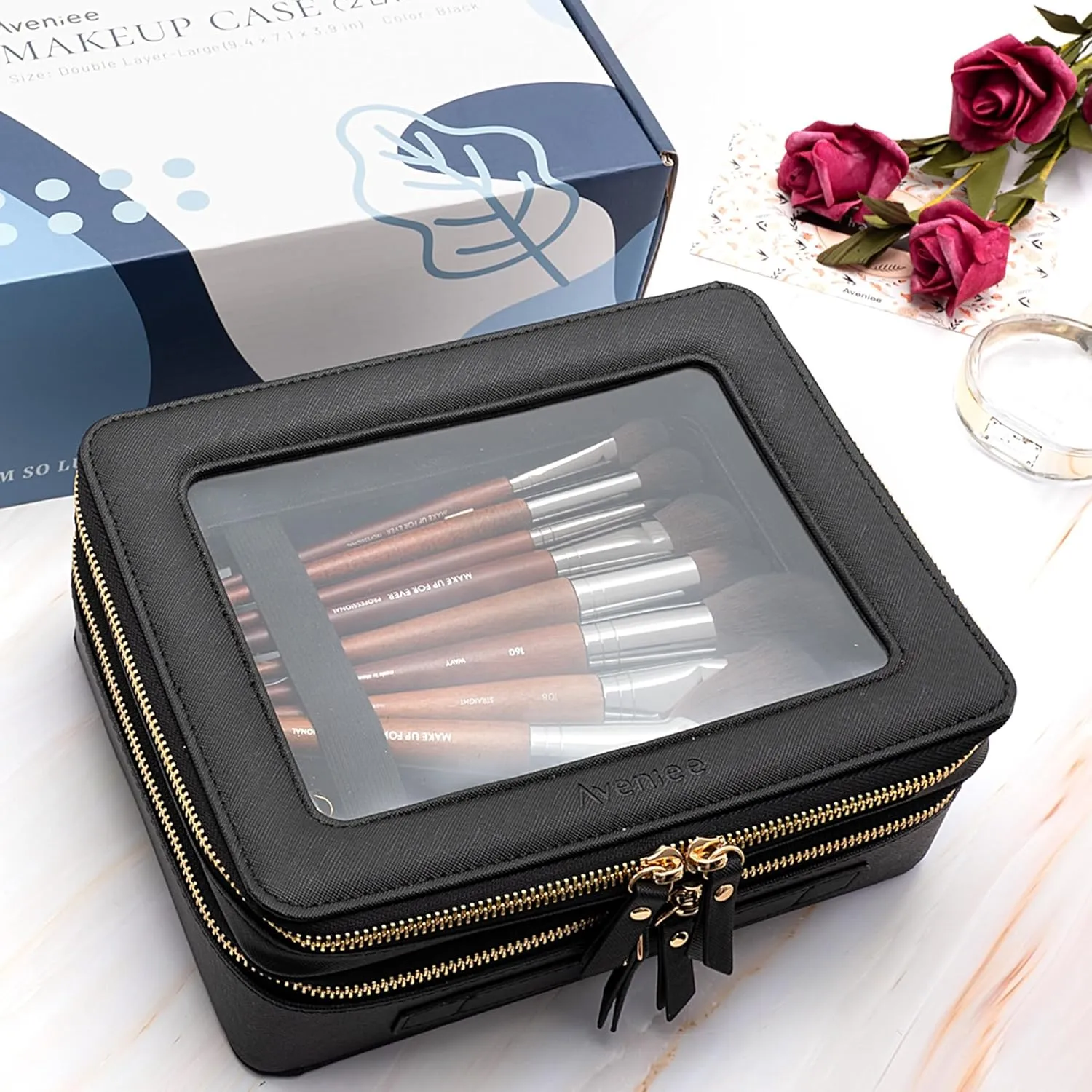 Aveniee Clear Makeup Bags, Double Layer Cosmetic Bags with Separate Brush Compartment, Large Travel Toiletry Bag Cosmetic Case, Travel Accessories Organizer for Women(2 Layers, Black)
