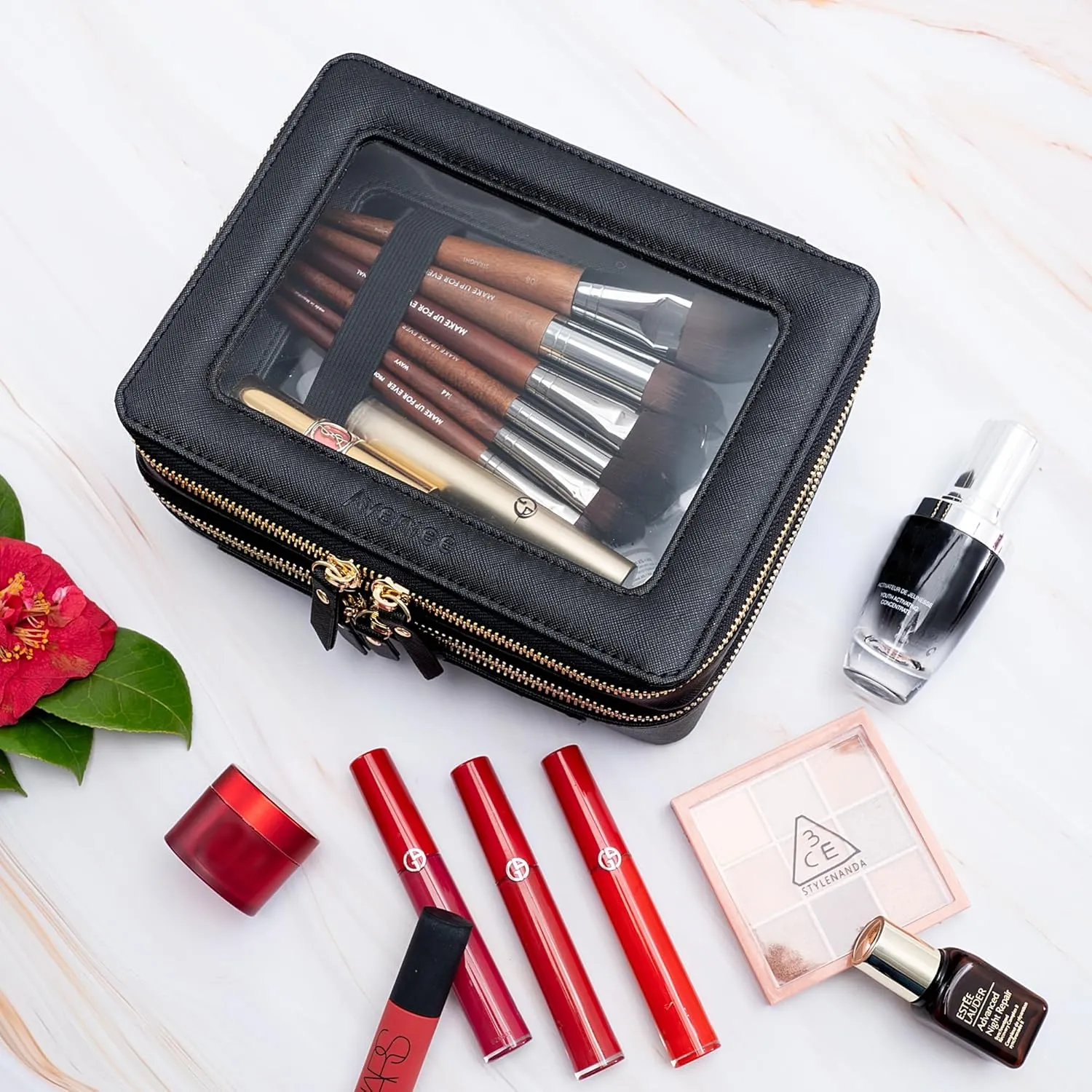Aveniee Clear Makeup Bags, Double Layer Cosmetic Bags with Separate Brush Compartment, Large Travel Toiletry Bag Cosmetic Case, Travel Accessories Organizer for Women(2 Layers, Black)