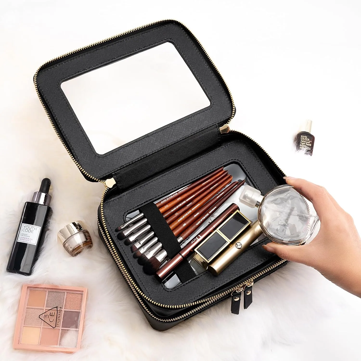 Aveniee Clear Makeup Bags, Double Layer Cosmetic Bags with Separate Brush Compartment, Large Travel Toiletry Bag Cosmetic Case, Travel Accessories Organizer for Women(2 Layers, Black)