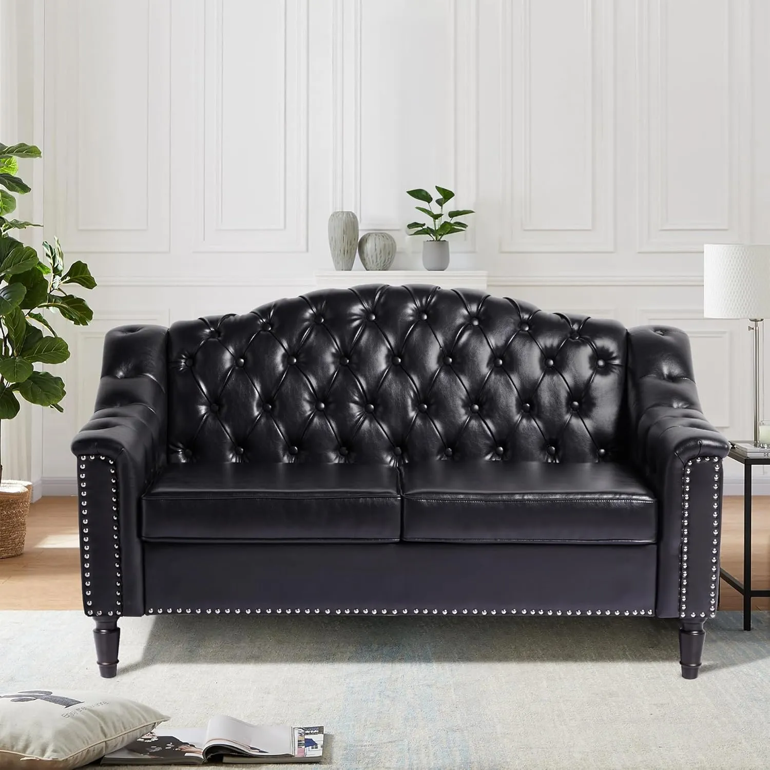 AVZEAR Chesterfield Loveseat Sofa, Mid-Century Modern Upholstered PU Sofa, 2 Seater Couch with Nailhead Trim and Button Tufted for Living Room, Office, Bedroom, Black
