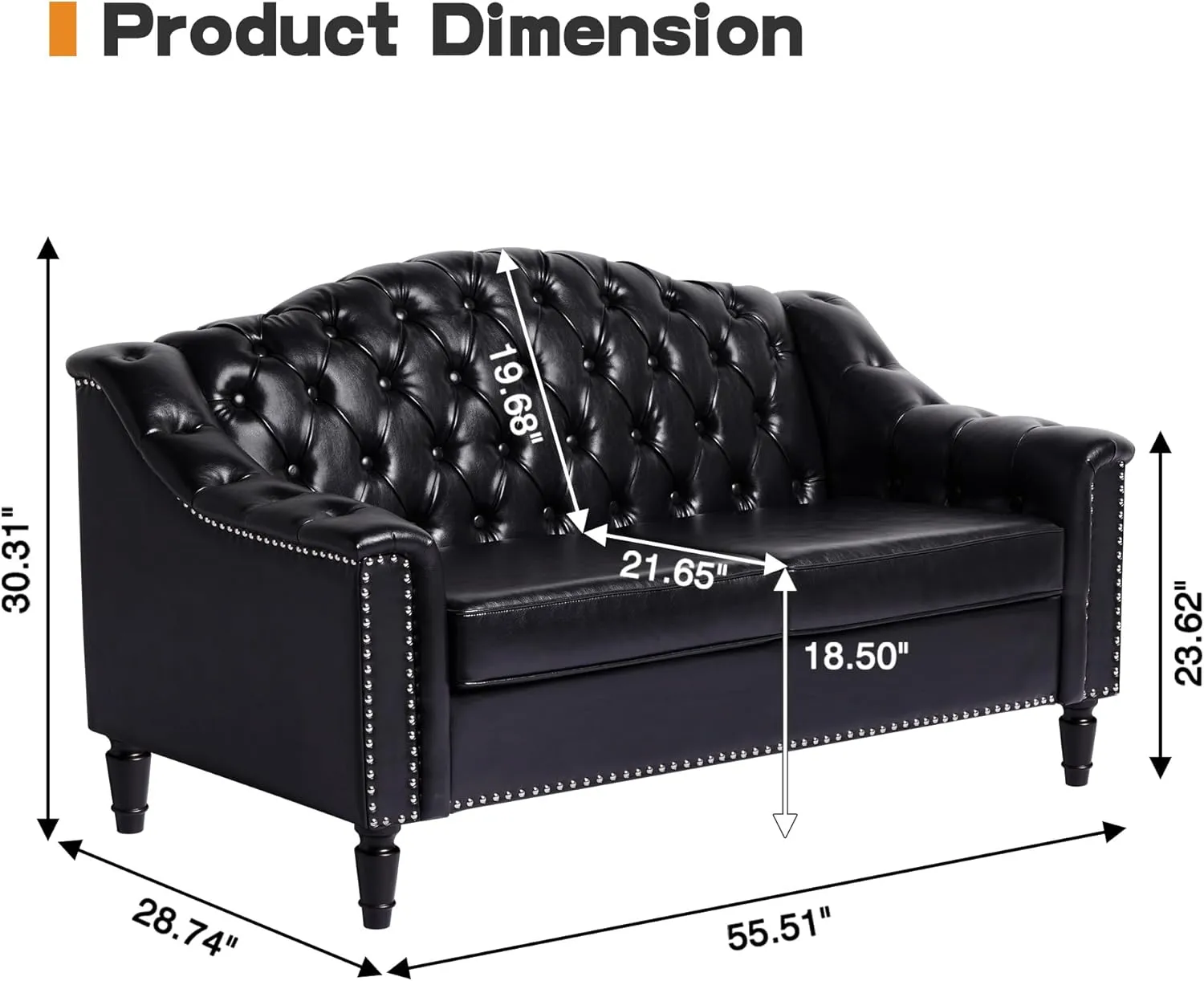 AVZEAR Chesterfield Loveseat Sofa, Mid-Century Modern Upholstered PU Sofa, 2 Seater Couch with Nailhead Trim and Button Tufted for Living Room, Office, Bedroom, Black
