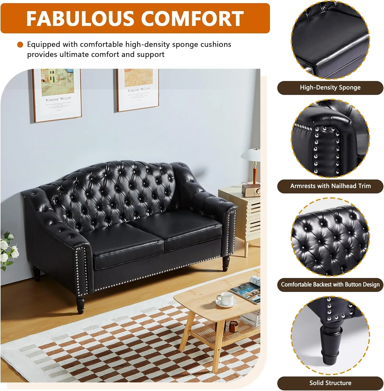 AVZEAR Chesterfield Loveseat Sofa, Mid-Century Modern Upholstered PU Sofa, 2 Seater Couch with Nailhead Trim and Button Tufted for Living Room, Office, Bedroom, Black