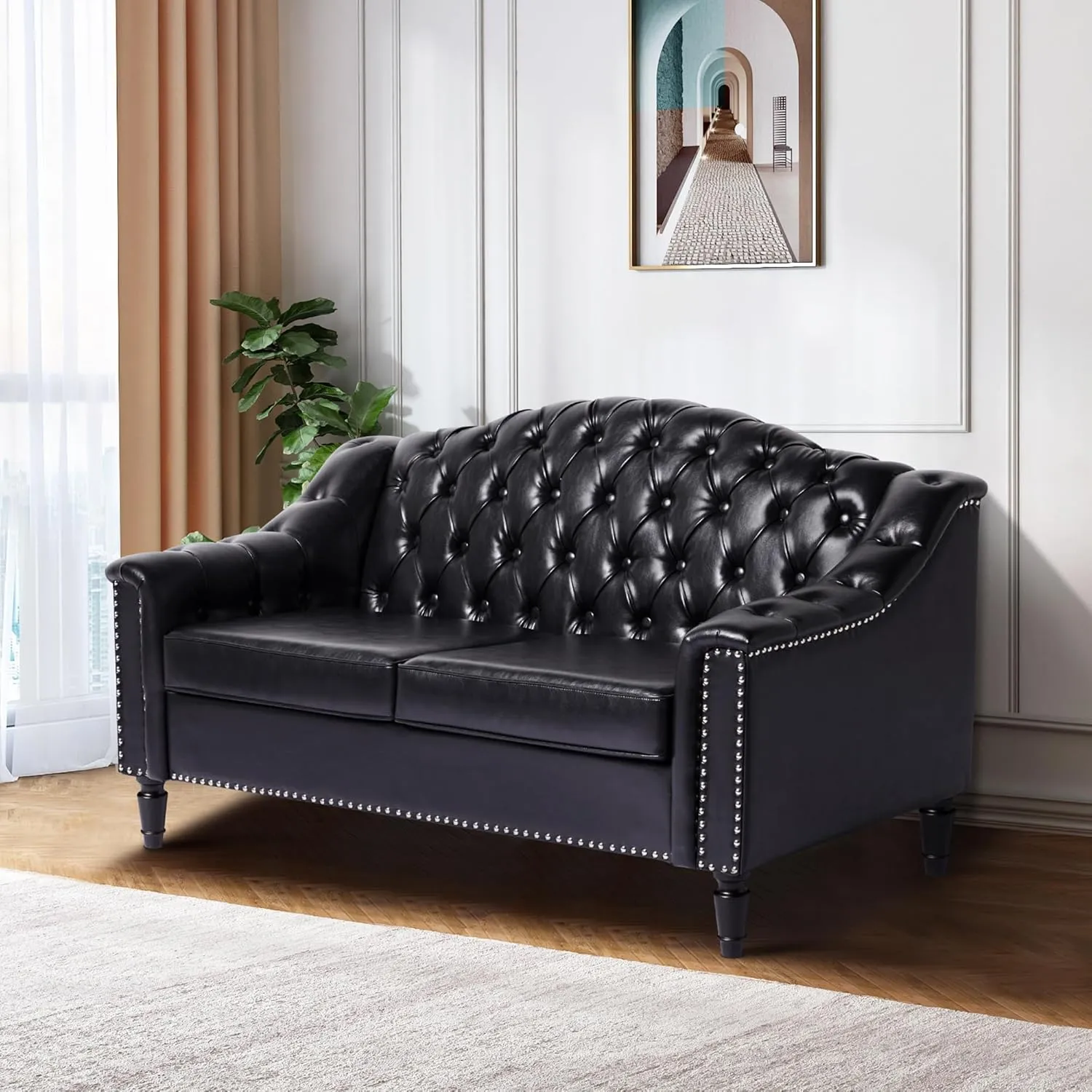 AVZEAR Chesterfield Loveseat Sofa, Mid-Century Modern Upholstered PU Sofa, 2 Seater Couch with Nailhead Trim and Button Tufted for Living Room, Office, Bedroom, Black