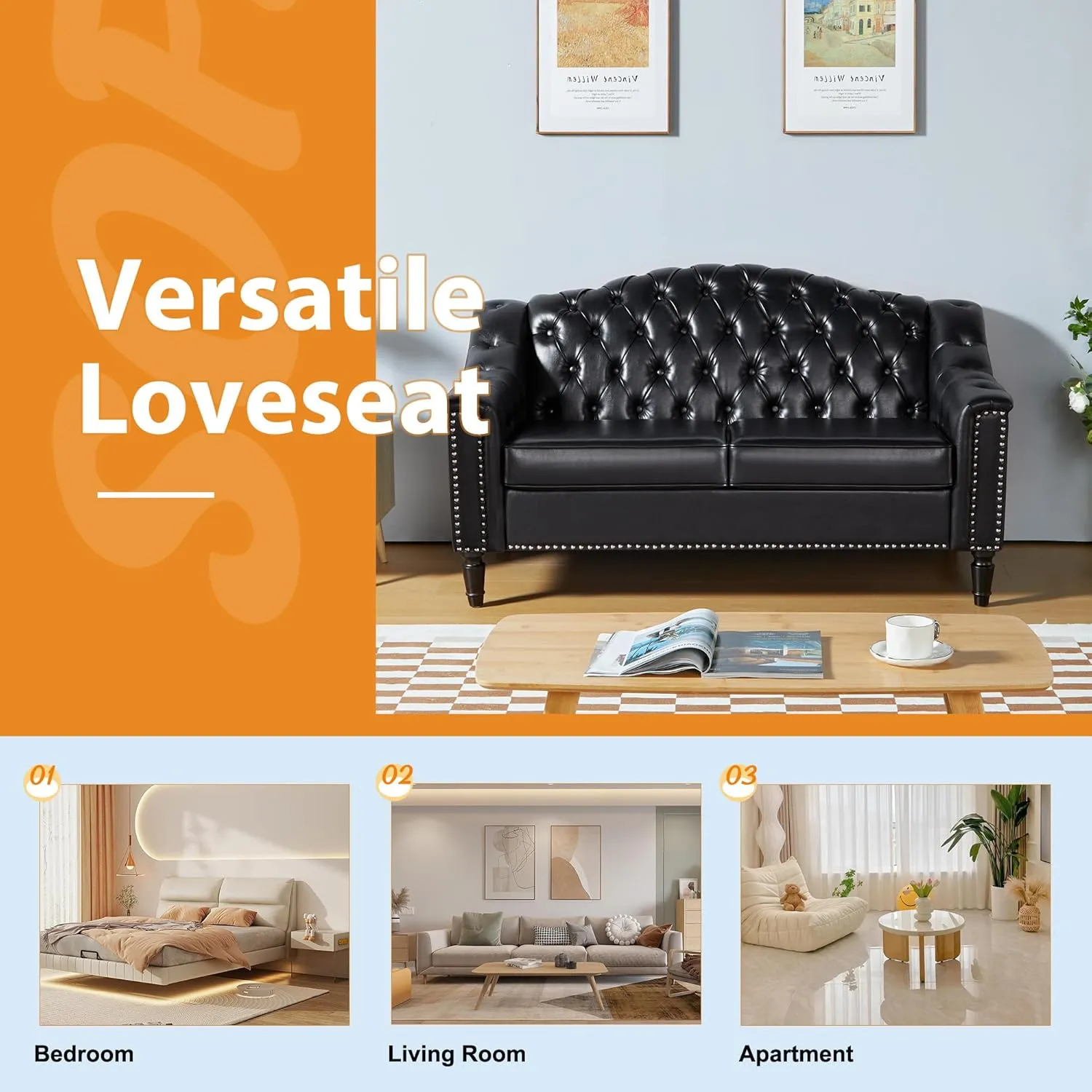 AVZEAR Chesterfield Loveseat Sofa, Mid-Century Modern Upholstered PU Sofa, 2 Seater Couch with Nailhead Trim and Button Tufted for Living Room, Office, Bedroom, Black