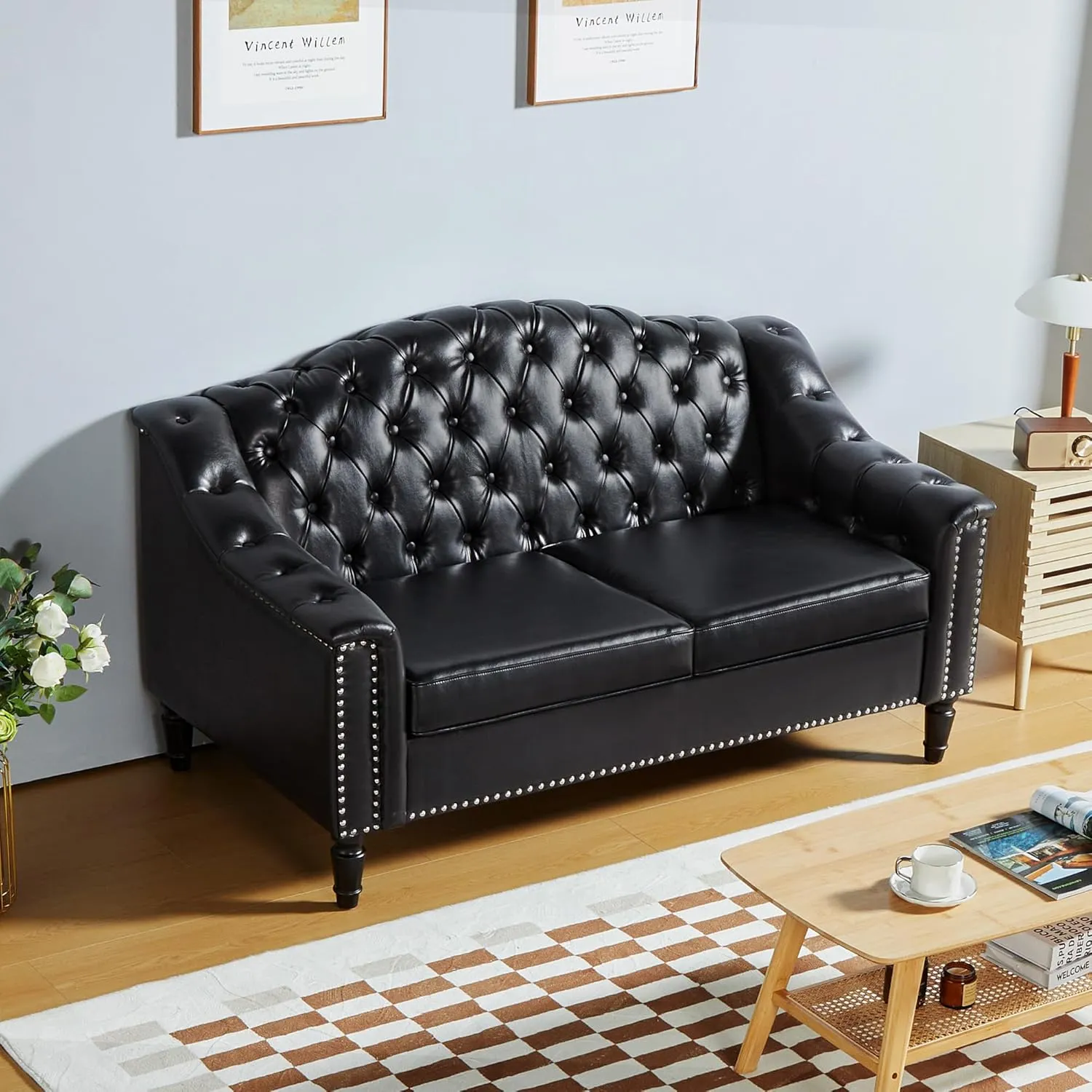 AVZEAR Chesterfield Loveseat Sofa, Mid-Century Modern Upholstered PU Sofa, 2 Seater Couch with Nailhead Trim and Button Tufted for Living Room, Office, Bedroom, Black