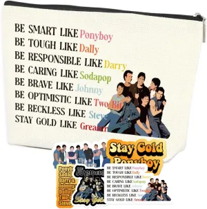 Azteoiz Fun Cosmetic Bag and 5 Stickers Keep Gold Pony-boy Gifts 80's Movie Out-siders Accessories Inspiration Birthday Christmas Gifts for Her Female Movie Lovers Be Smart Like Pony-boy Cosmetic Bag