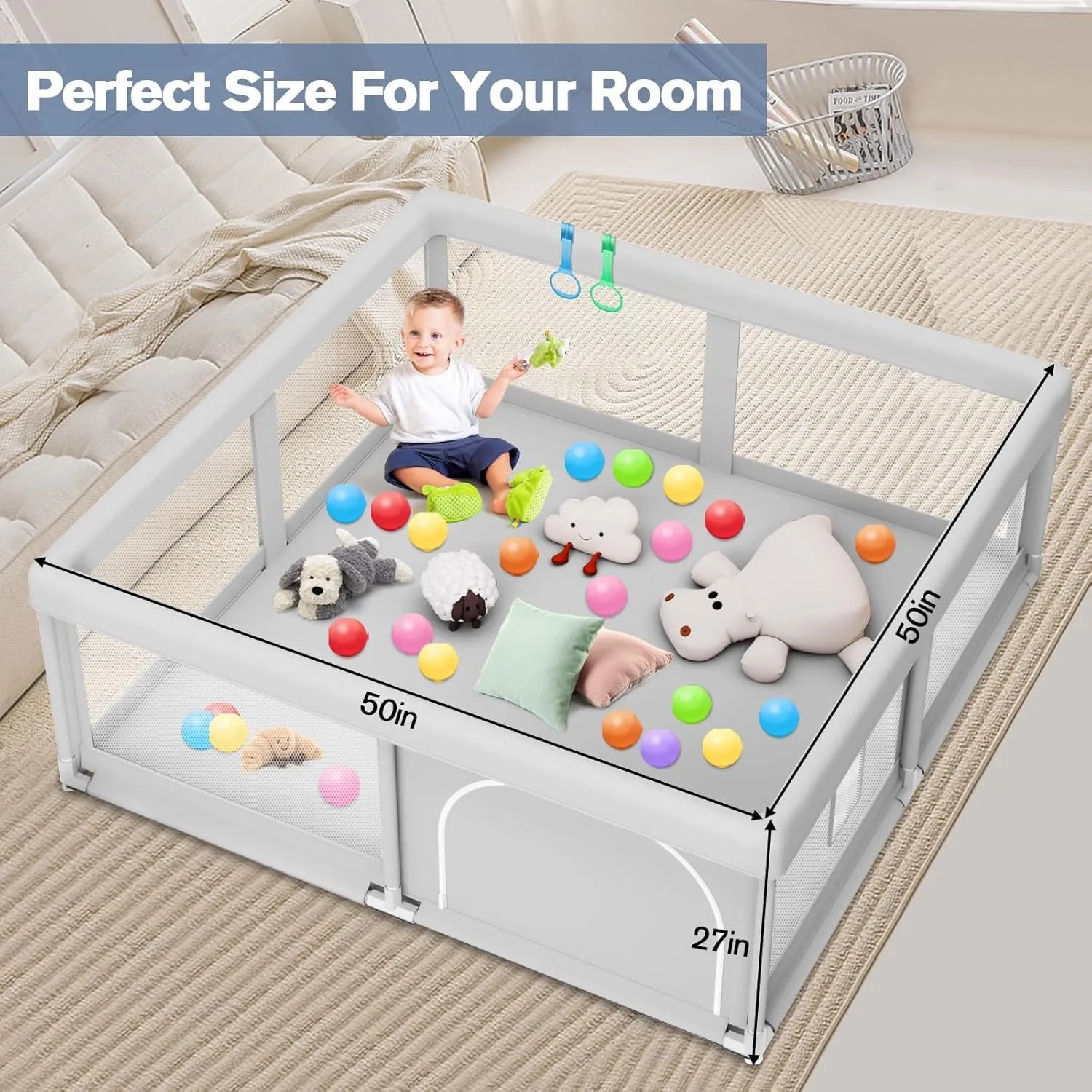 Baby Playpen with Balls and Pull Rings for Babies and Toddlers 50 x 50 inch, Play Yards Indoor, Sturdy Safety Play Pen with Soft Breathable Mesh, Baby Fence
