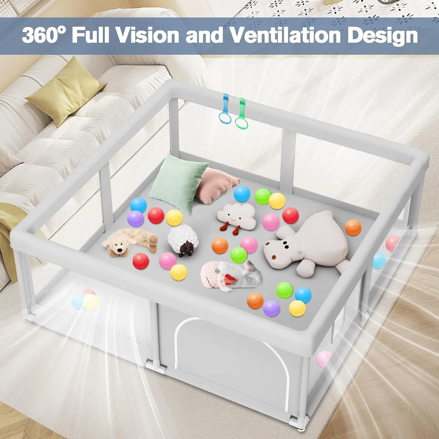 Baby Playpen with Balls and Pull Rings for Babies and Toddlers 50 x 50 inch, Play Yards Indoor, Sturdy Safety Play Pen with Soft Breathable Mesh, Baby Fence