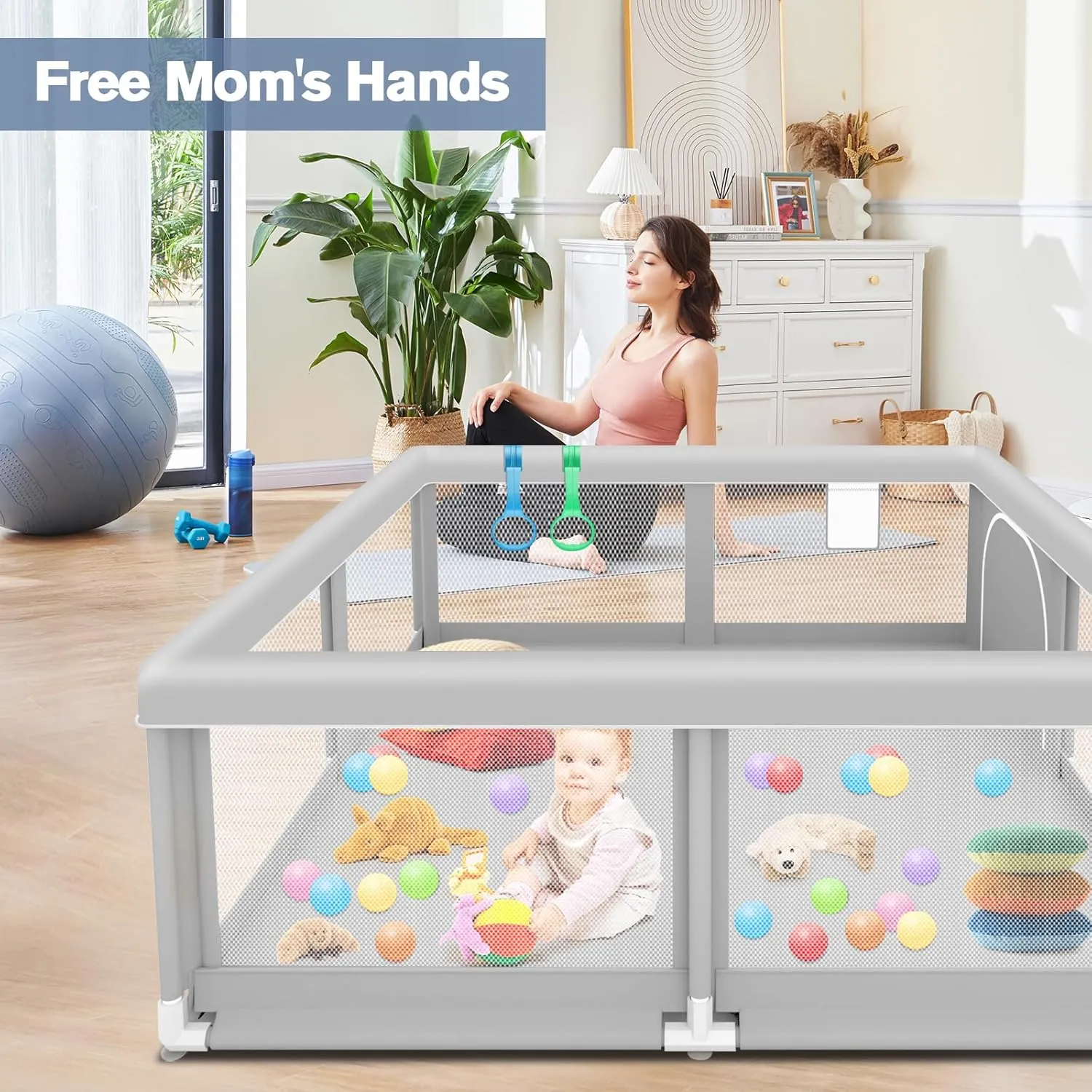 Baby Playpen with Balls and Pull Rings for Babies and Toddlers 50 x 50 inch, Play Yards Indoor, Sturdy Safety Play Pen with Soft Breathable Mesh, Baby Fence