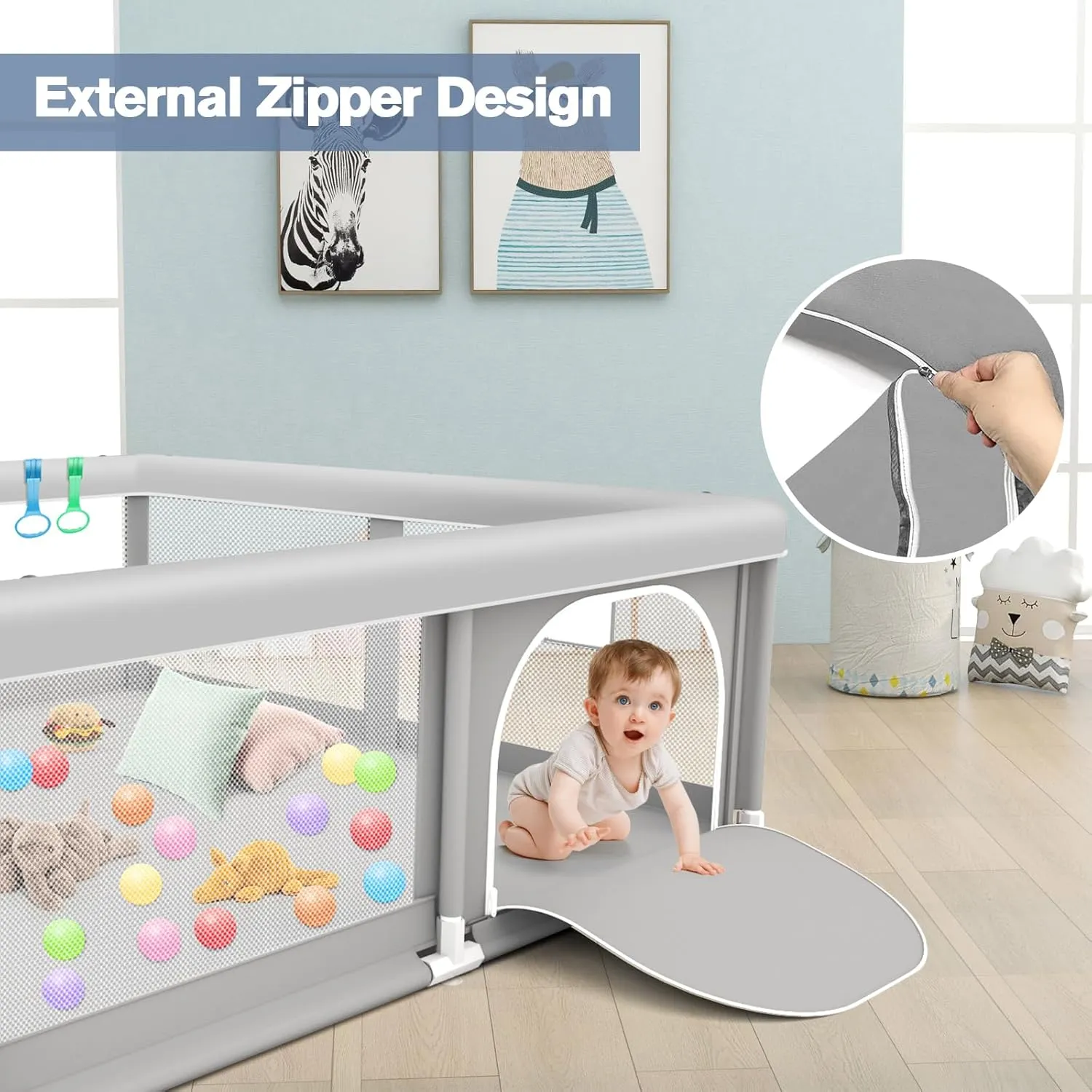 Baby Playpen with Balls and Pull Rings for Babies and Toddlers 50 x 50 inch, Play Yards Indoor, Sturdy Safety Play Pen with Soft Breathable Mesh, Baby Fence
