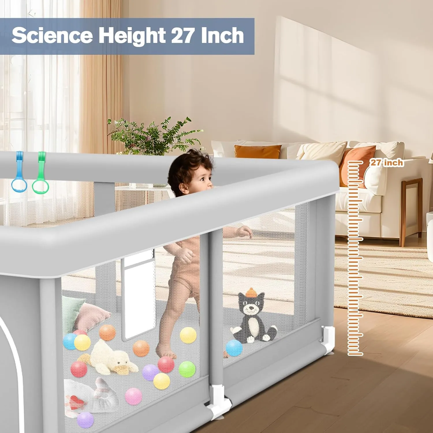 Baby Playpen with Balls and Pull Rings for Babies and Toddlers 50 x 50 inch, Play Yards Indoor, Sturdy Safety Play Pen with Soft Breathable Mesh, Baby Fence