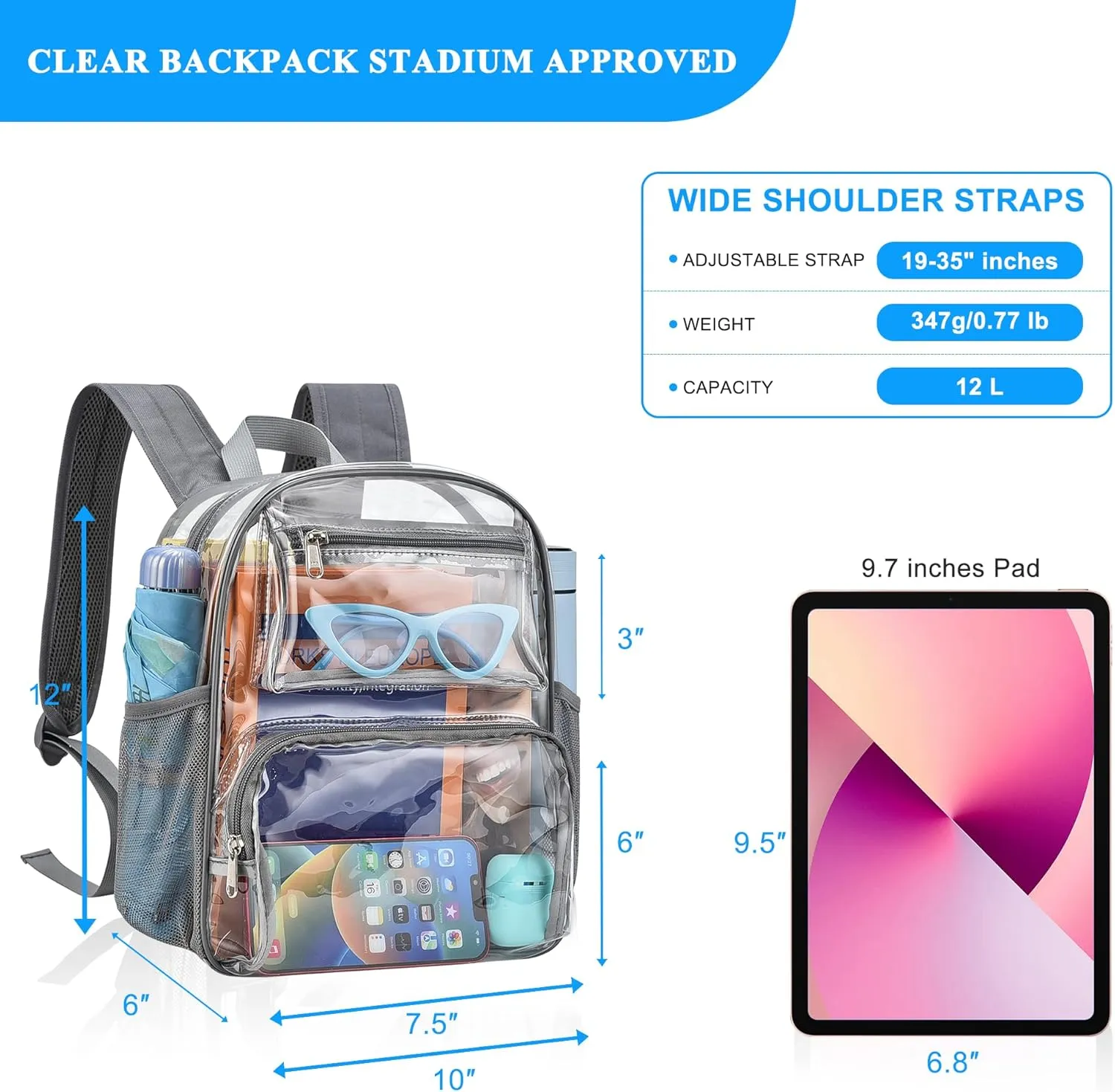 Bagenius Clear Backpack for Stadium Events 12x6x12 Clear Bag for Sports Concerts Work Travel, Grey