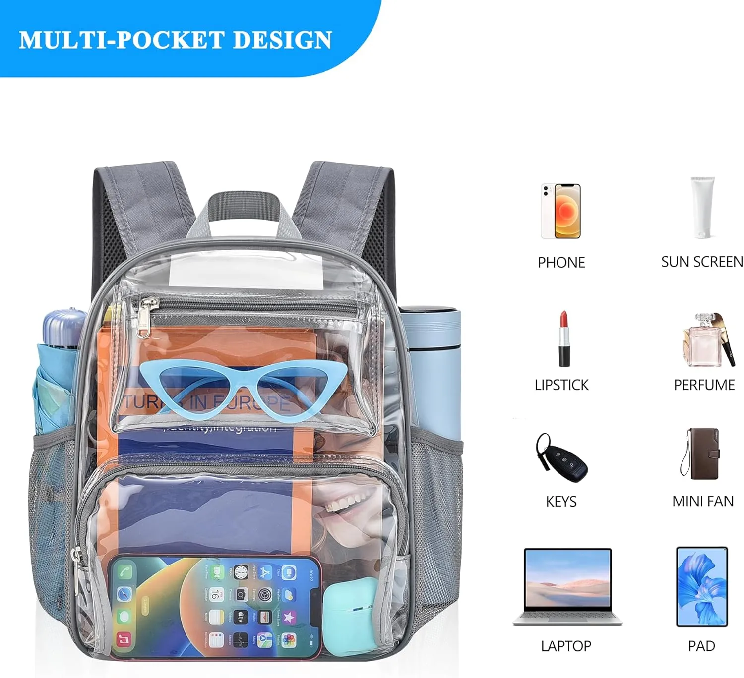 Bagenius Clear Backpack for Stadium Events 12x6x12 Clear Bag for Sports Concerts Work Travel, Grey