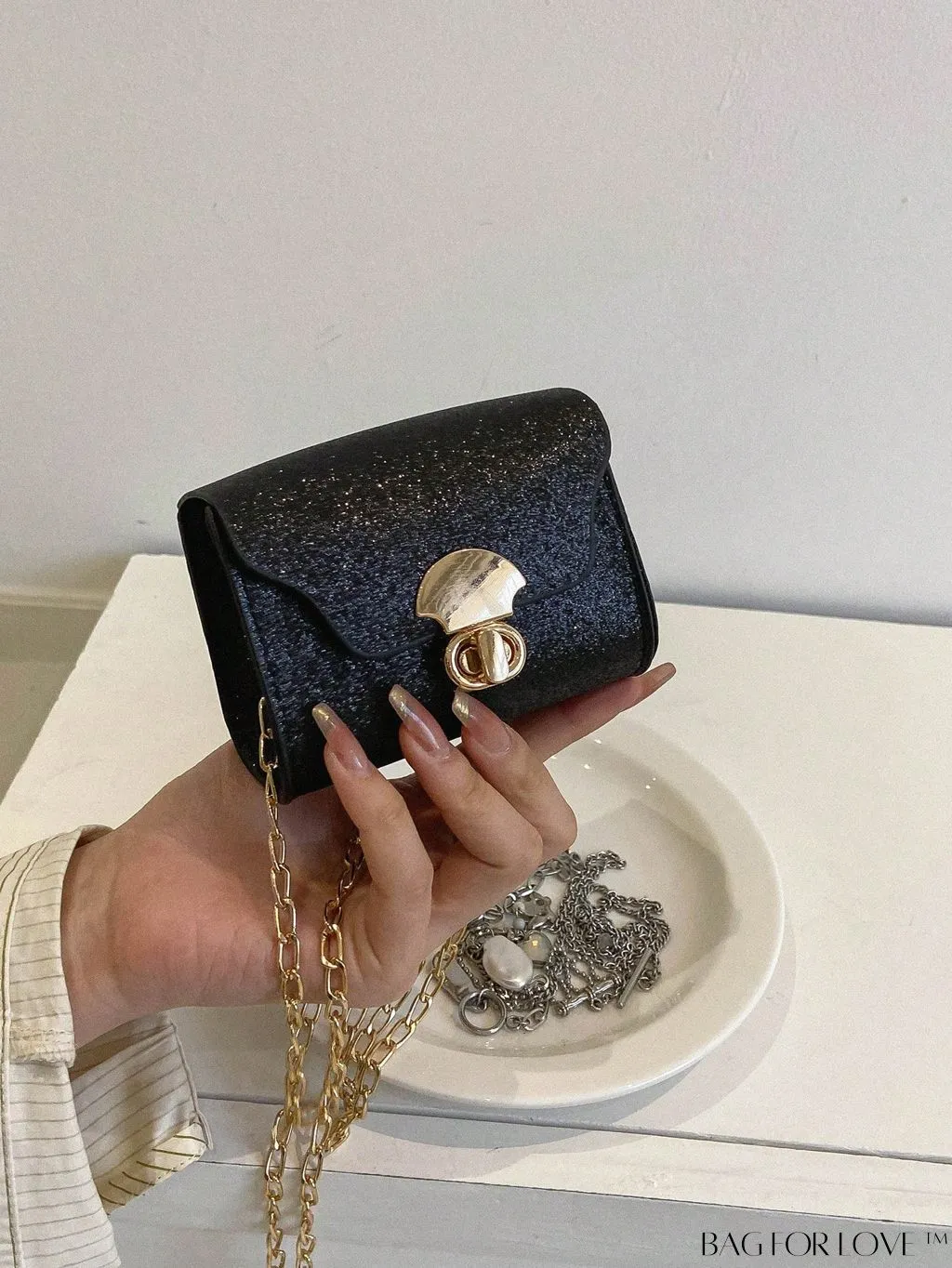 BagForLove - Compact Square Bag with Metal Decor and Turn Lock Closure