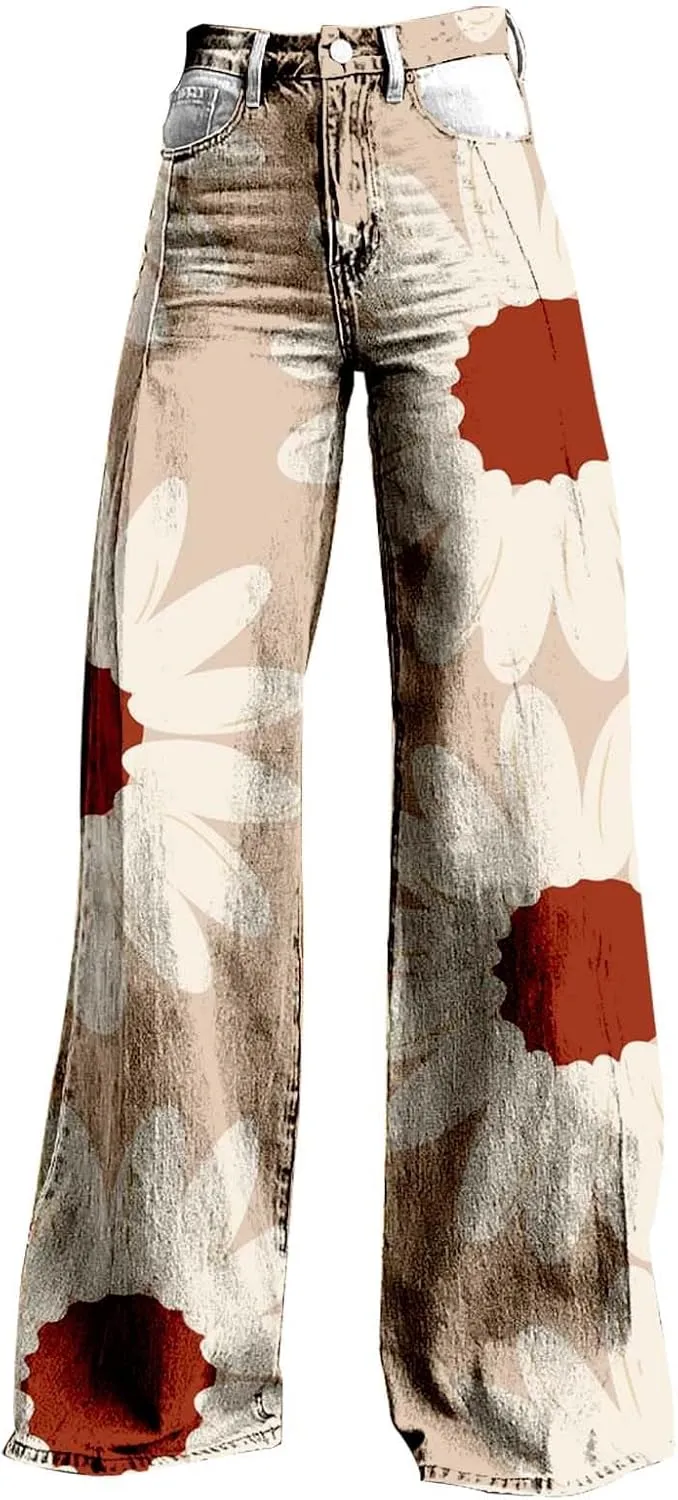 Baggy Flare Pants for Women Wide Leg Bell Bottoms Vintage Floral Print High Waisted Pants Going Out Street Trousers