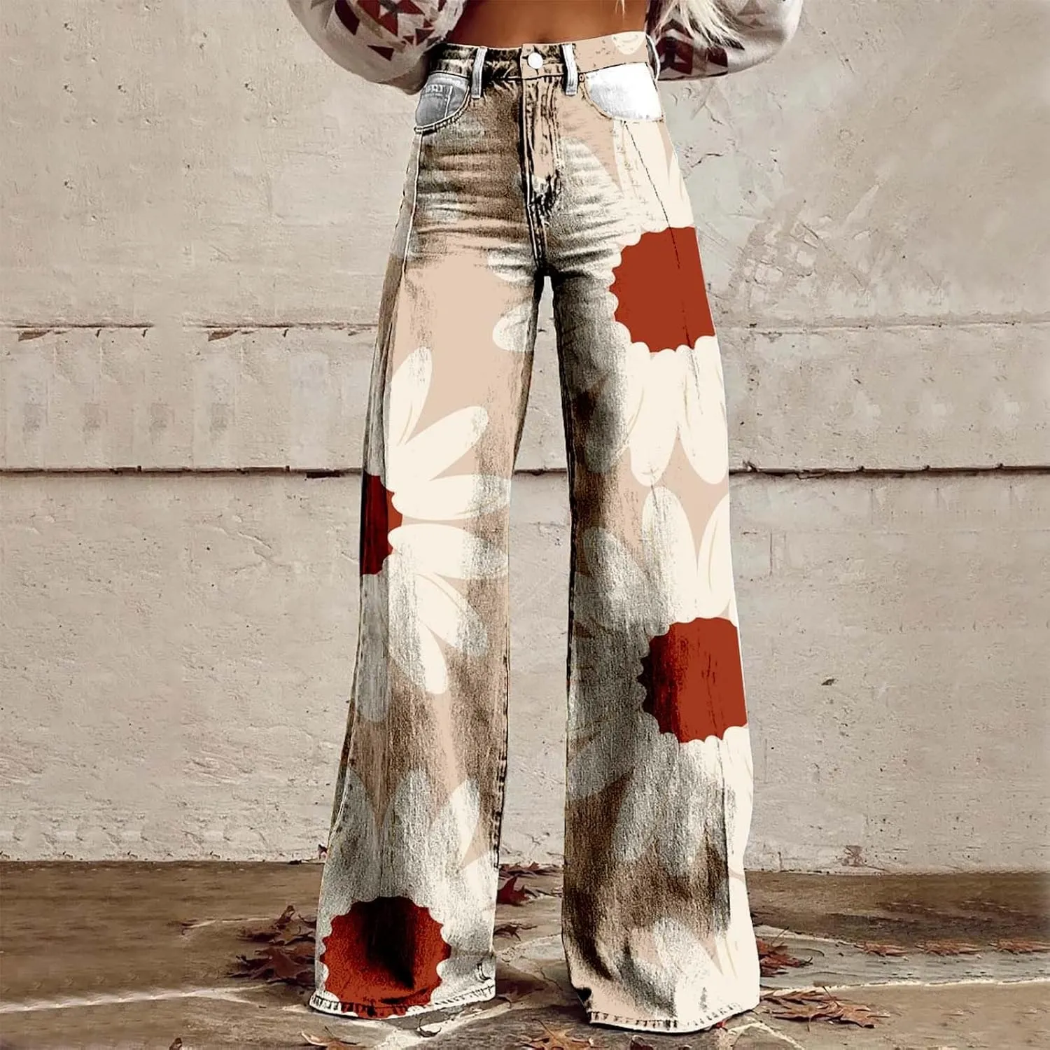 Baggy Flare Pants for Women Wide Leg Bell Bottoms Vintage Floral Print High Waisted Pants Going Out Street Trousers
