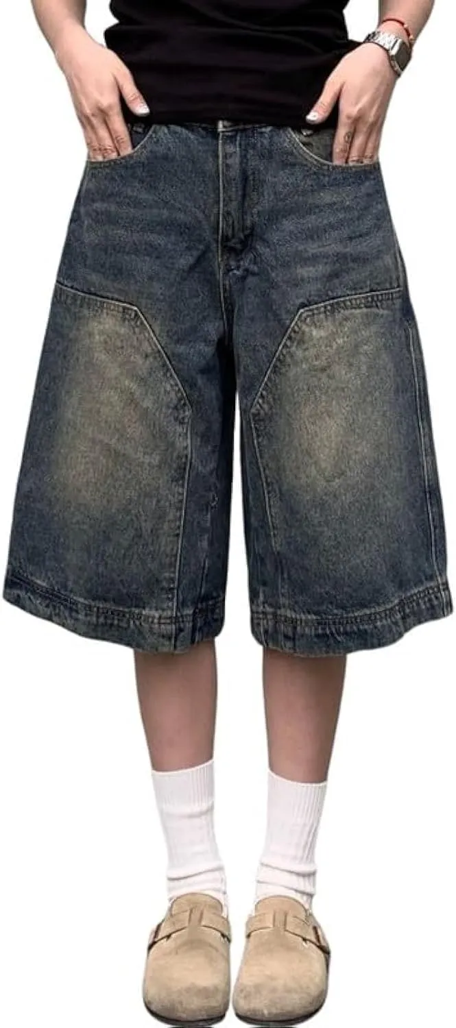 Baggy Jean Shorts for Women Jorts Y2k Low Rise Wide Leg Denim Shorts Goth Summer Jeans Loose Streetwear Retro Blue
