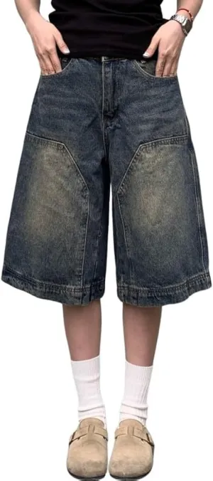 Baggy Jean Shorts for Women Jorts Y2k Low Rise Wide Leg Denim Shorts Goth Summer Jeans Loose Streetwear Retro Blue
