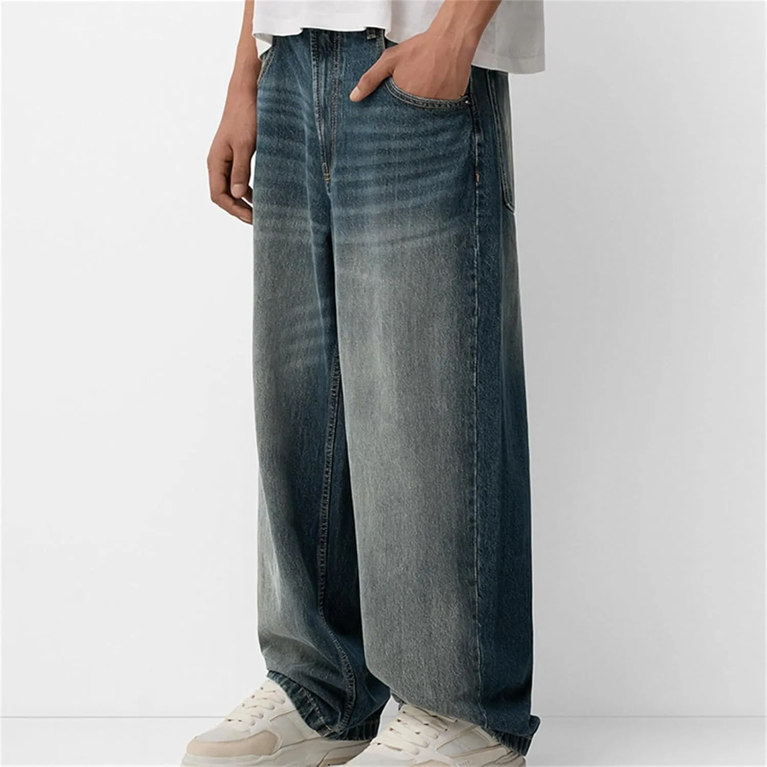 Baggy Jeans for Men Streetwear Hip Hop Vintage Wide Leg Loose Fit Denim Pants Skater Distressed Jeans Trousers
