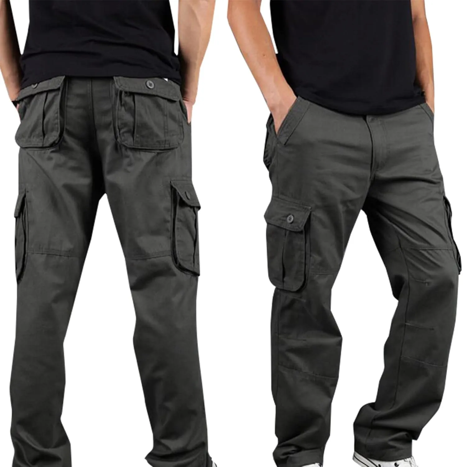 Baggy Pants for Men 2023 Casual Multi Pockets Solid Cargo Pant Athletic-Fit Buckle Zipper Sweatpants Trousers