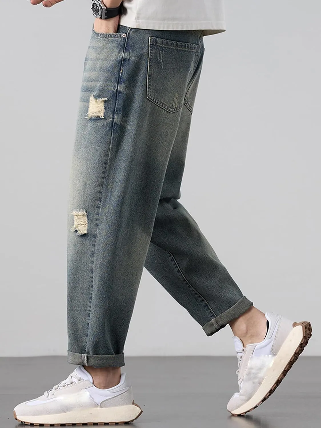 Baggy Straight Leg Ripped Jeans for Men Distressed Vintage Denim Pant Loose Ankle Length Harem Skater Street Jeans