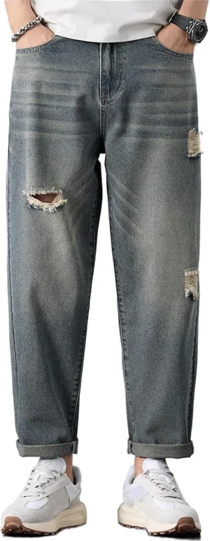 Baggy Straight Leg Ripped Jeans for Men Distressed Vintage Denim Pant Loose Ankle Length Harem Skater Street Jeans