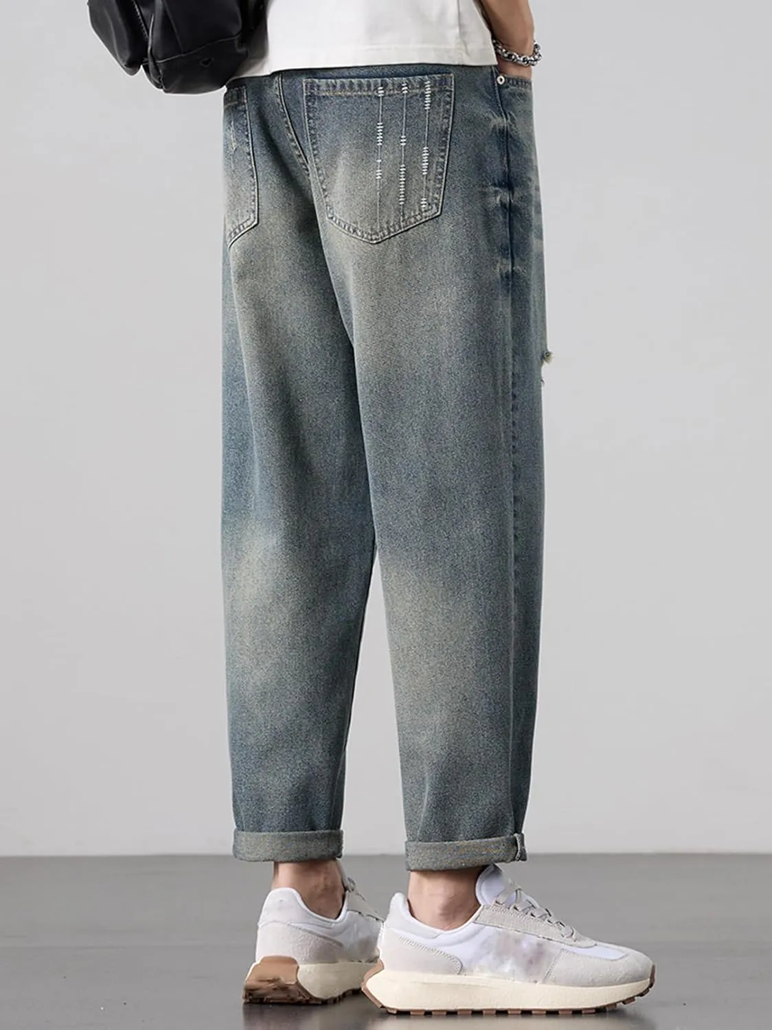 Baggy Straight Leg Ripped Jeans for Men Distressed Vintage Denim Pant Loose Ankle Length Harem Skater Street Jeans