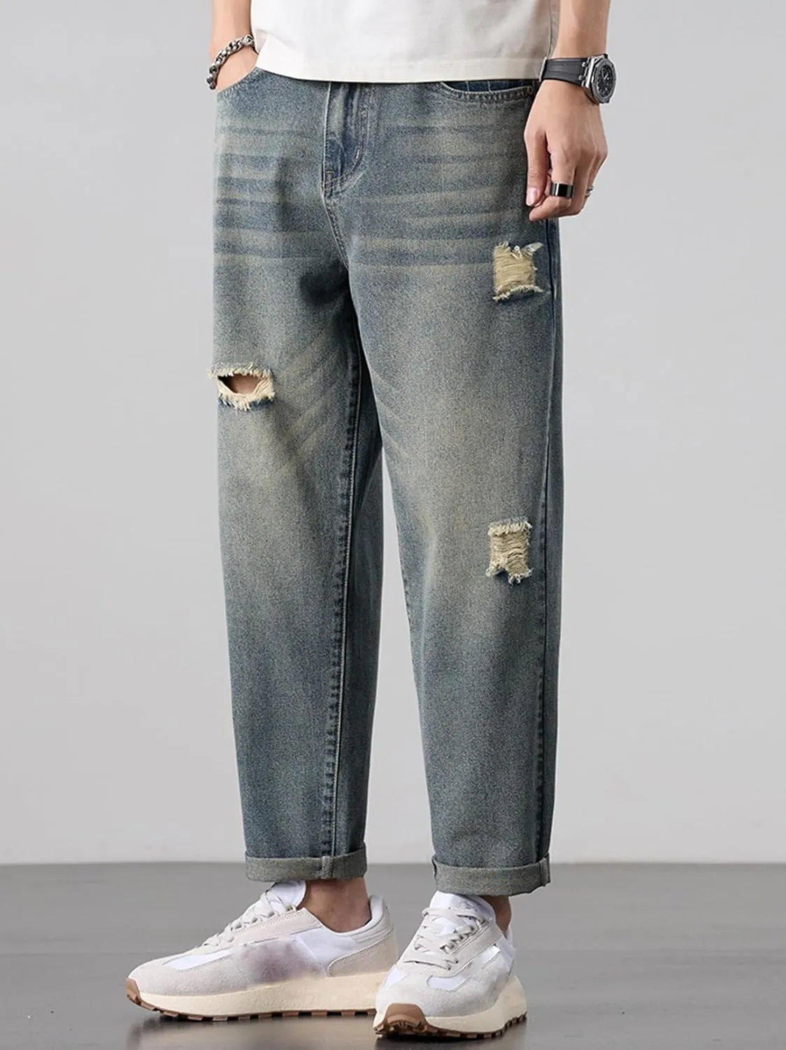 Baggy Straight Leg Ripped Jeans for Men Distressed Vintage Denim Pant Loose Ankle Length Harem Skater Street Jeans